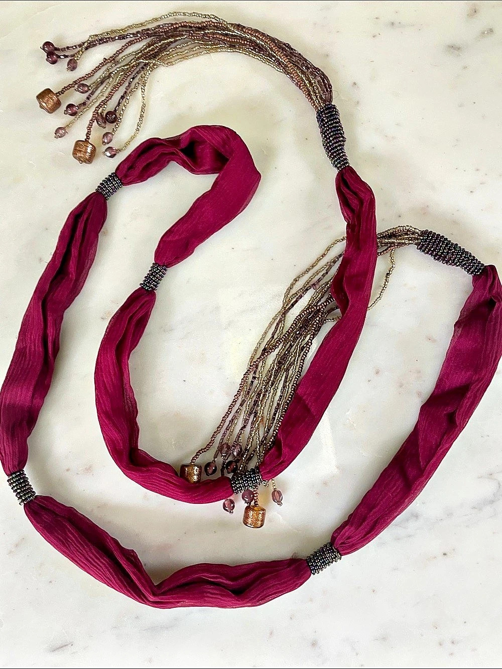 Boho Belt Multi Color & Gold Multi-Strand Tassel Burgundy Gauzey Fabric Like New